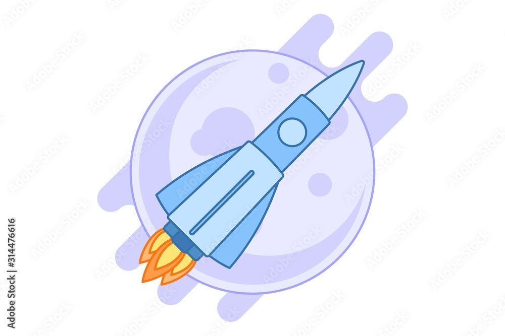 Flat style illustration of a rocket launch in the sky with a planet or satellite background. Cartoon style isolated on white background. Flat style illustration of a rocket launch in the sky with a planet or satellite background. Cartoon style isolated on white background.