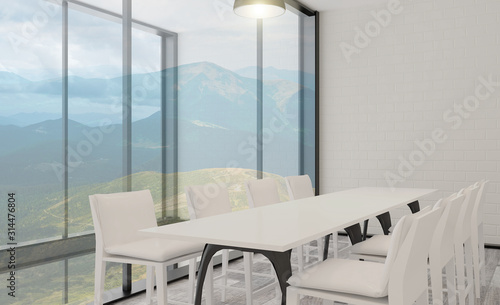 office with open space on the background of the evening city. meeting room in a modern style. Brick walls. large panoramic windows.. 3D rendering.