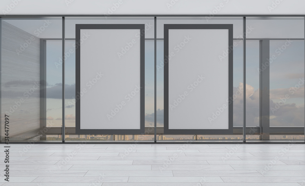 Fototapeta premium large business center with panoramic windows. modern design. open space.. Meeting room. 3D rendering.. Empty paintings