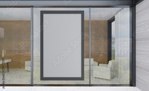 large business center with panoramic windows. modern design. open space.. Meeting room. 3D rendering.. Empty paintings