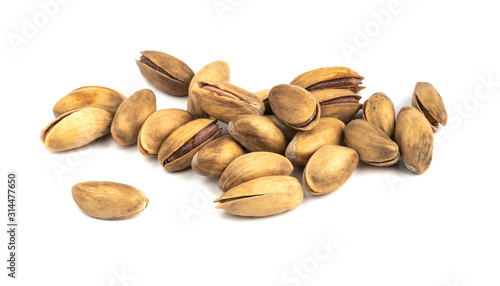 Pile of pistachios isolated on white background. Pistachio nuts