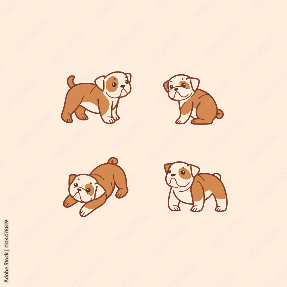 Cartoon dog icon set. Different poses of bulldog. Good illustration for prints, clothing, packaging, stickers. Cartoon dog icon set. Different poses of bulldog. Good illustration for prints, clothing, packaging, stickers.