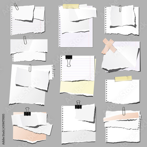 Set of sheets of paper with paper clip and binder clip, isolated.