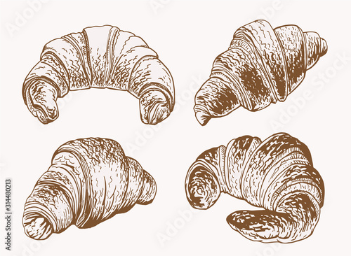 Graphical vintage set of croissants ,vector food illustration