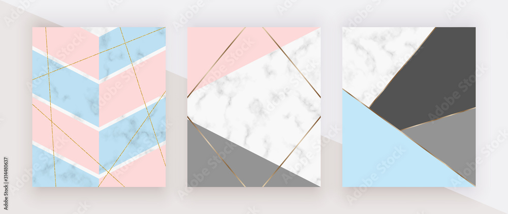 Fototapeta Geometric cover with pink, blue and grey triangular shapes, golden lines on the white marble texture. Modern backgrounds for menu, banner, card, flyer, invitation, product package, brochure.