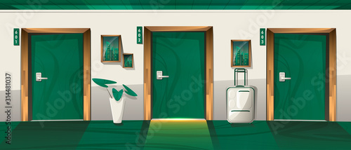 Hotel corridor with closed numbered doors. Vector cartoon interior of hallway in apartment house, hostel or motel with green carpet, suitcase and plant. Illustration of tourism, vacation travel