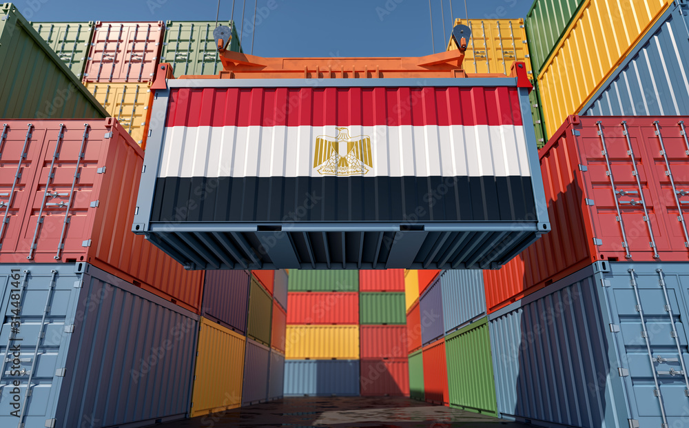Fototapeta premium Container Terminal - Shipping Container with Egypt flag. 3D Rendering