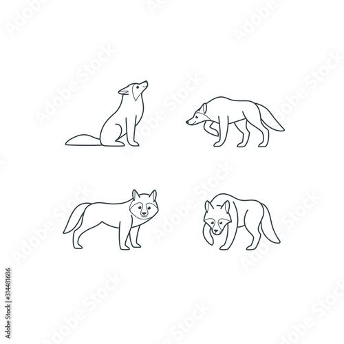 Cartoon animal icon set. Different poses of wolf. Vector illustration for prints, clothing, packaging, stickers.
