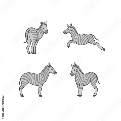 Cartoon zebra icon set. Different poses of cartoon animal. Good illustration for prints, clothing, packaging, stickers.