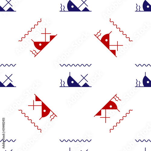Blue and red Sunken ship at the bottom of the sea icon isolated seamless pattern on white background.  Vector Illustration