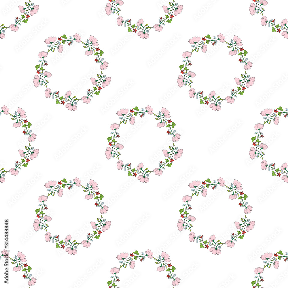 Seamless background with wreaths of of cosmos, clover, chamomile, carnation and poppy buds. Endless pattern for your design.