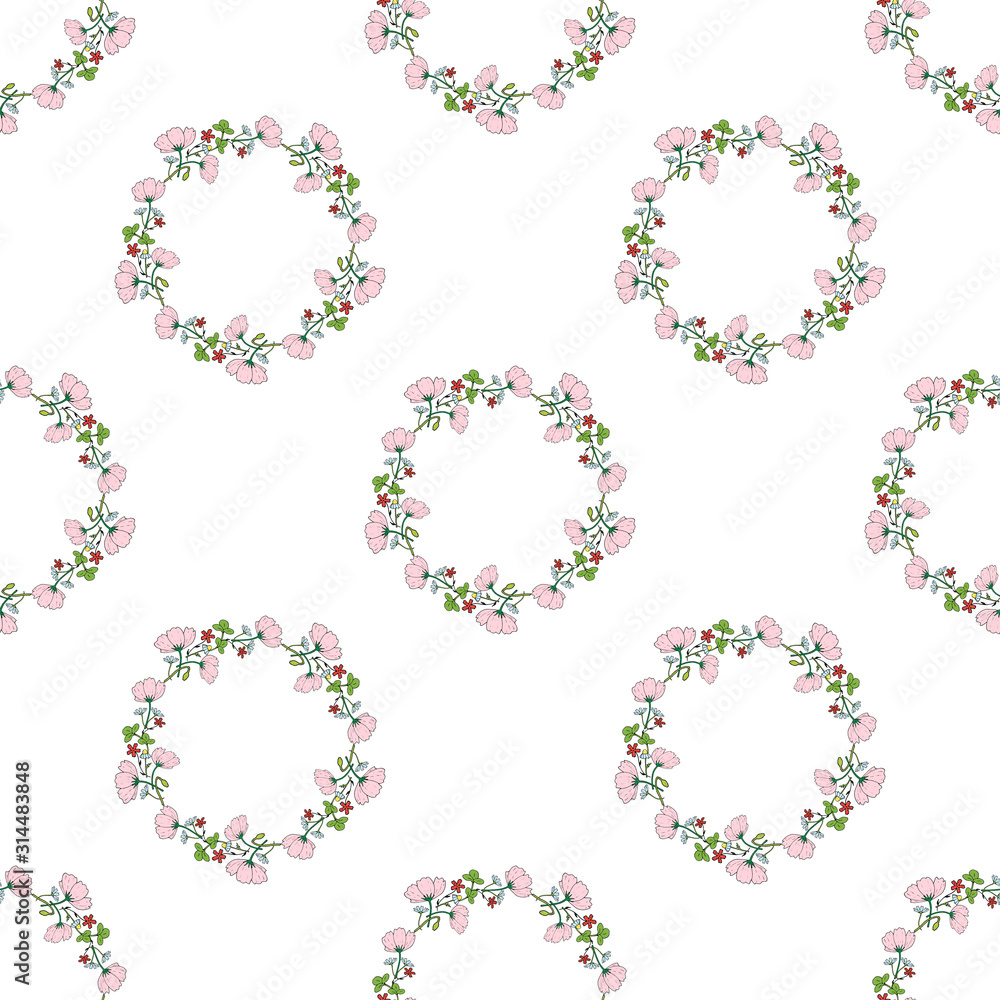Seamless background with wreaths of of cosmos, clover, chamomile, carnation and poppy buds. Endless pattern for your design. Seamless background with wreaths of of cosmos, clover, chamomile, carnation and poppy buds. Endless pattern for your design.
