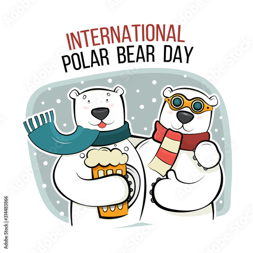 Postcard for the international polar bear day. Two wild animals hugged each other and drink beer. Vector illustration isolated on white background.