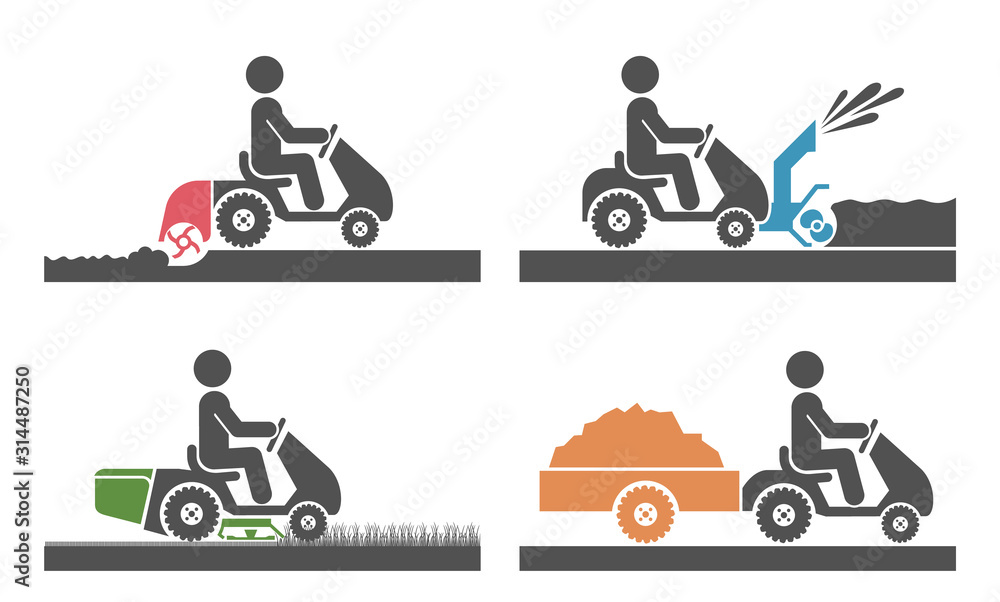 Pictogram icon set presenting agricultural machinery: compact tractor. Mini tractor in agricultural process and gardening, plowing, mowing, transporting, snow removal. Pictogram icon set presenting agricultural machinery: compact tractor. Mini tractor in agricultural process and gardening, plowing, mowing, transporting, snow removal.