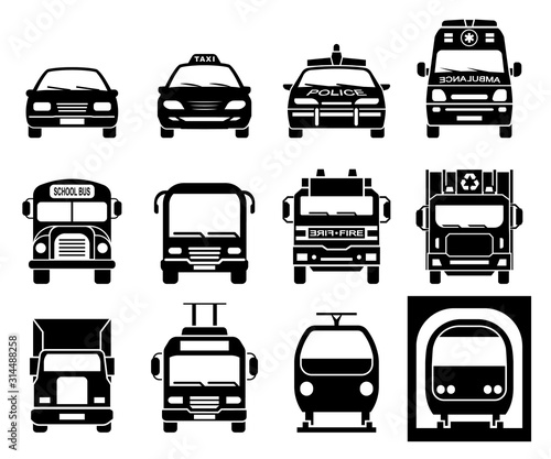 Set of front view icons of police car, ambulance car, fire department vehicle, taxi car, garbage collector, school bus, truck, metro and train. Transportation icons.