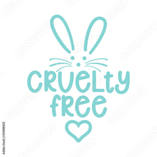 Cruelty free logo with cute bunny - Handwritten label and rabbit drawning. Lettering poster t-shirt textile graphic design. Beautiful illustration. Not tested on animals icon.