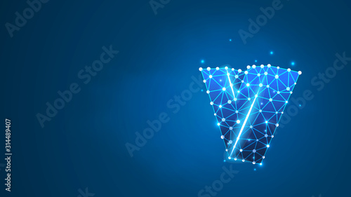 Alphabet letter V. Design of a lowercase english letter. Banner, template or a pattern. Abstract digital wireframe, low poly mesh, Raster blue neon 3d illustration. Triangle, line, dot