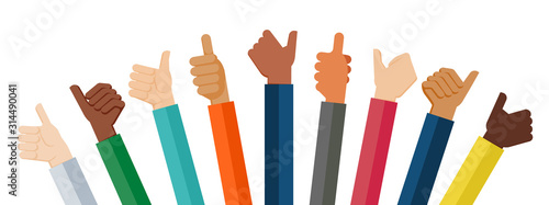 Flat design illustration of hands showing thumb up. Vector illustration of hands showing positive mood.