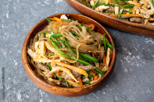 Stir fried Korean glass noodle with soy sauce called Japchae photo