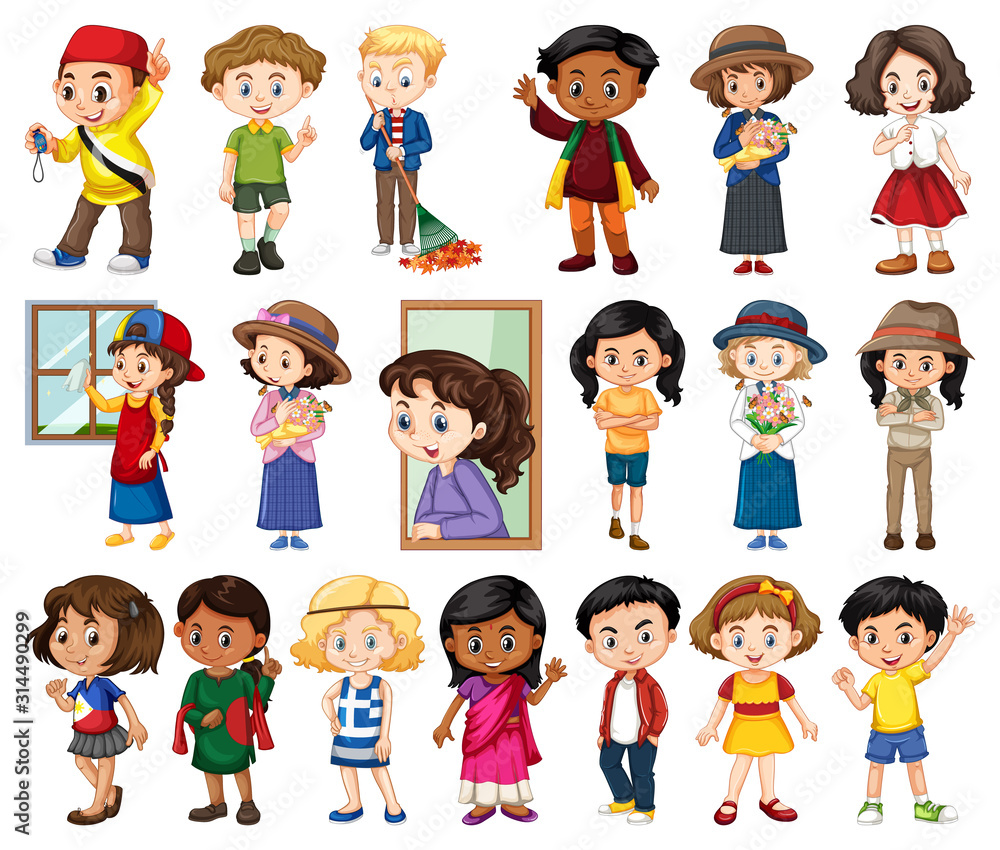 Large set of boys and girls doing different activity on white background Large set of boys and girls doing different activity on white background