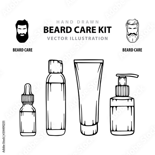 Beard care. Hand drawn beard care cosmetic bottles and package vector illustrations set isolated on white background. Sketch drawing bottle, tube, dispenser and container for beard care cosmetic. 