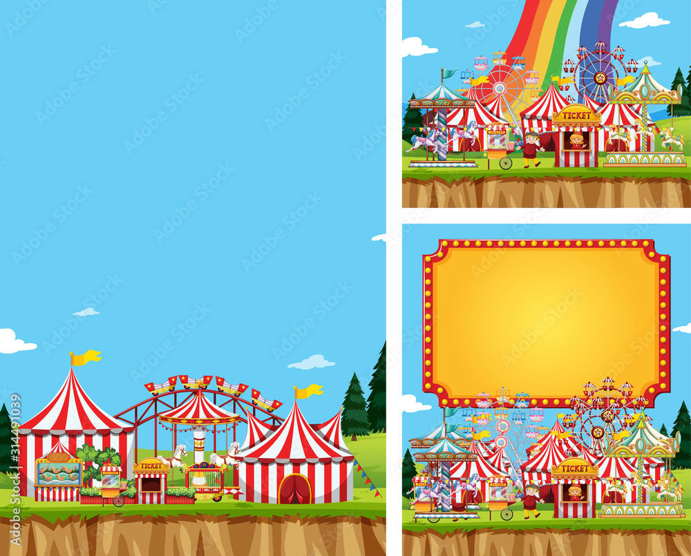 Three scene of circus with many rides Three scene of circus with many rides