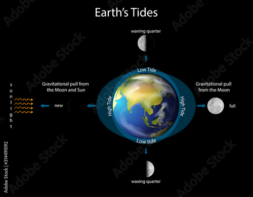 Diagram showing earth tides with earth and moon