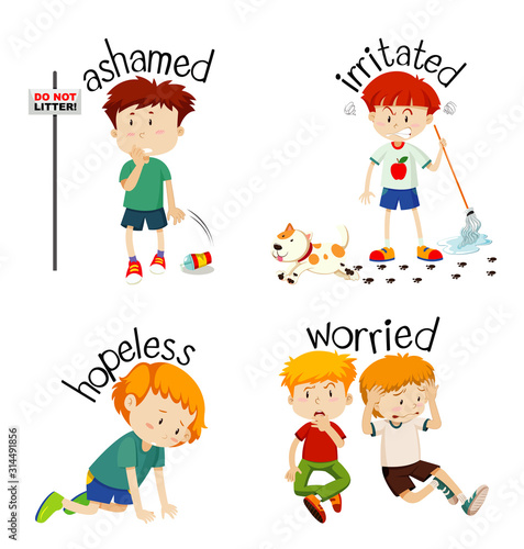 Adjective words with kid expressing their feelings