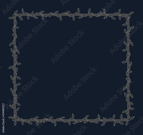 Vector square frame overgrown with plant with thorns and leaves. Dark background
