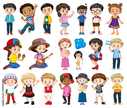 Large set of boys and girls doing different activity on white background