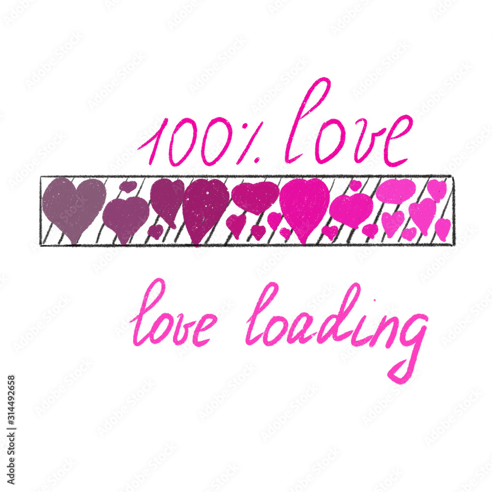 St. valentine's Day concept. Loading bar. Hearts shapes. 100 percent love text. Love loading concept