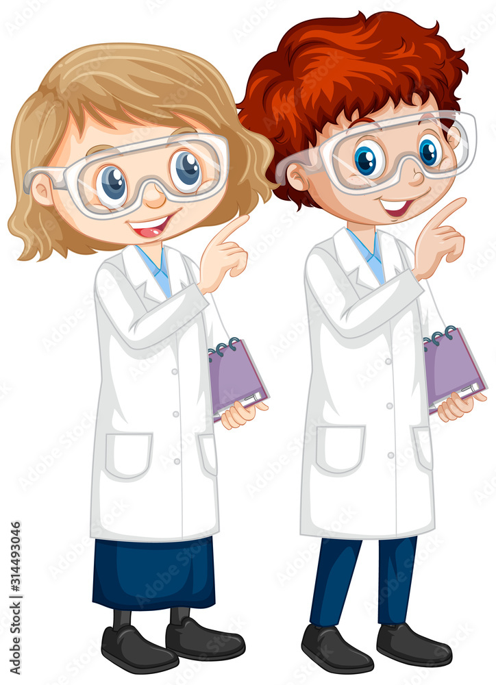 Boy and girl in science gown on isolated background Boy and girl in science gown on isolated background