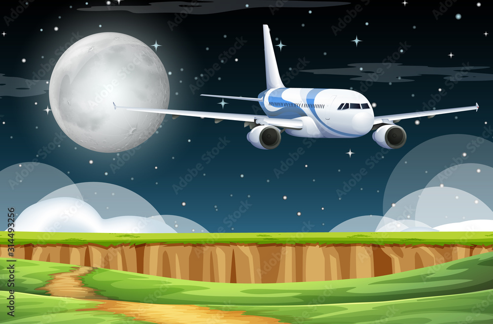 Scene with airplane flying in the sky at night