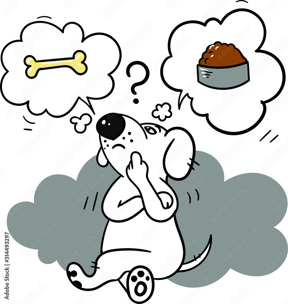 dog chooses food for himself, vector illustration, bone or food for dogs dog chooses food for himself, vector illustration, bone or food for dogs