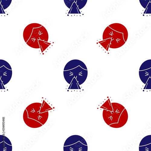 Blue and red Man holding handkerchief or napkin to his runny nose icon isolated seamless pattern on white background. Coryza desease symptoms.  Vector Illustration
