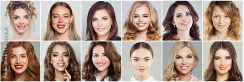 Cute smiling beauty. Beautiful female faces collage. Happy women portraits, positive emotions