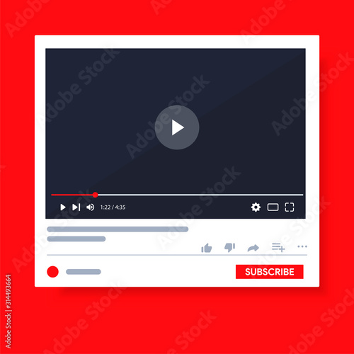 Desktop Video player youtube. PC social media interface. Play video online mock up. Subscribe button. Tube window with navigation icon. Vector illustration. photo