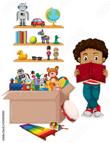 Scene with many toys on the shelf and boy reading book