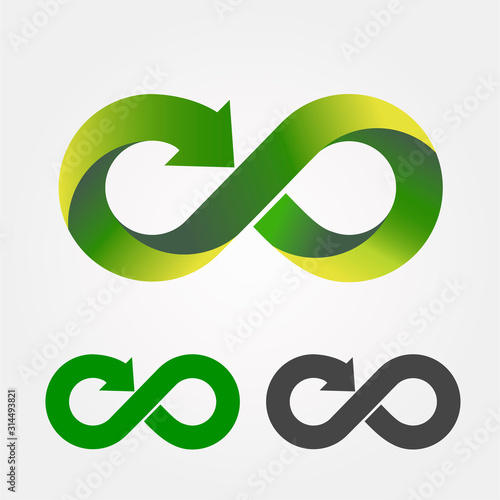 Modern recycling logo. Infinity sign. Symbol of environment. Green and yellow gradient. Nature. Arrow at the end of infinity icon. 2 variants of the same icon. 3D logo. Vector illustration