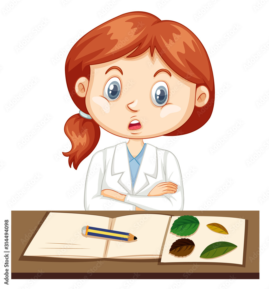 Girl in lab gown recording experiment data in notebook Girl in lab gown recording experiment data in notebook