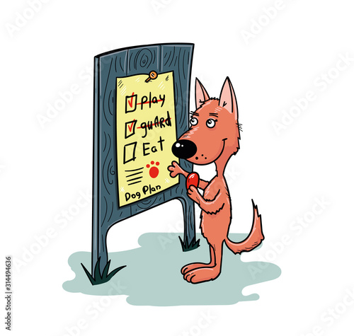 dog plans his day, plan of the day, vector illustration, self-organization