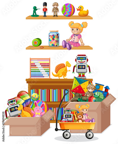 Shelf full of books and toys on white background