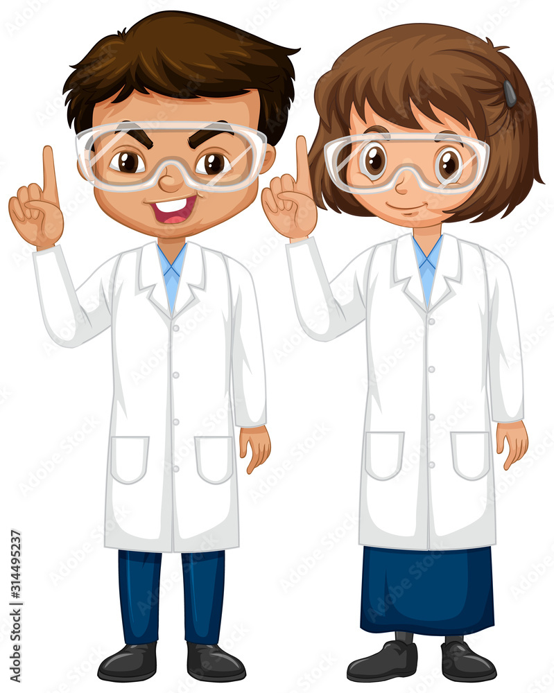 Boy and girl in science gown standing on white background Boy and girl in science gown standing on white background