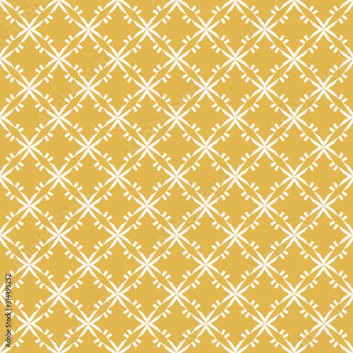 Vector abstract geometric seamless pattern with floral shapes, grid, lattice, net, crosses, rhombuses, diamonds, repeat tiles. Elegant ornament texture in oriental style. Yellow and white background