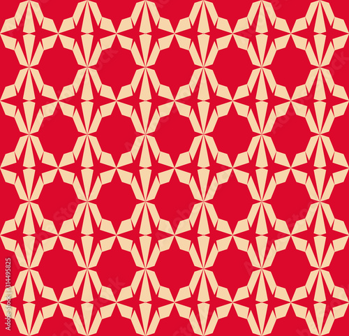 Vector seamless geometric pattern. Abstract texture with grid, lattice, mesh, stars, triangular shapes. Simple repeat background. Retro vintage style texture in red and tan colors. Festive design