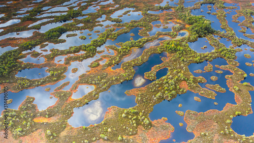 Aerail view over complex of peat bog pools and lakes on pristine Estonian peat bog