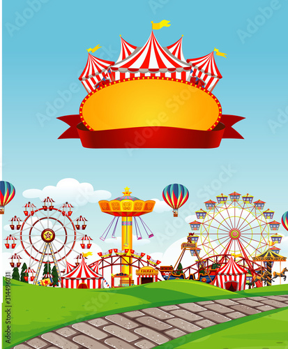 Circus scene with sign template in the sky