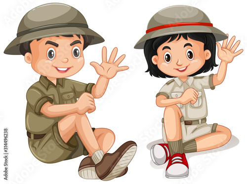 Boy and girl in safari outfit on white background