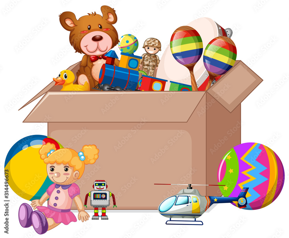 Obraz premium Cardboard box full of toys on white background