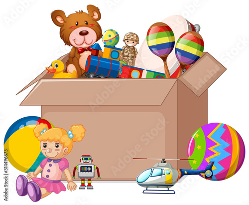 Fototapeta Naklejka Na Ścianę i Meble -  Cardboard box full of toys on white background